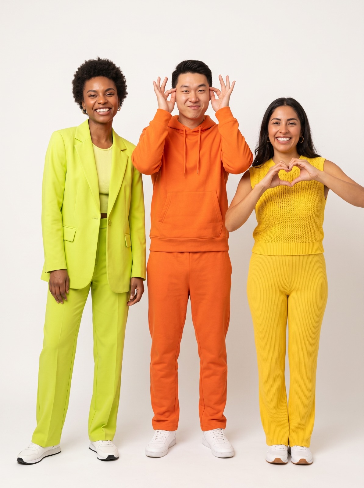 Three young people laughing together in bright colours