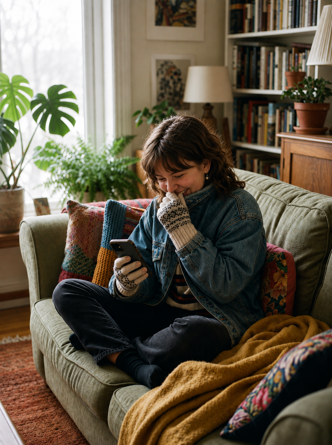 Woman laughing at her phone on a green couch